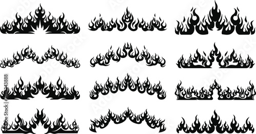 Collection of black fire flame shapes decorative design on transparent background silhouette