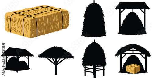 Hay bales and structures color and black silhouettes on transparent background