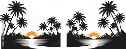 Tropical palm trees with sunset and mountains silhouette on transparent background
