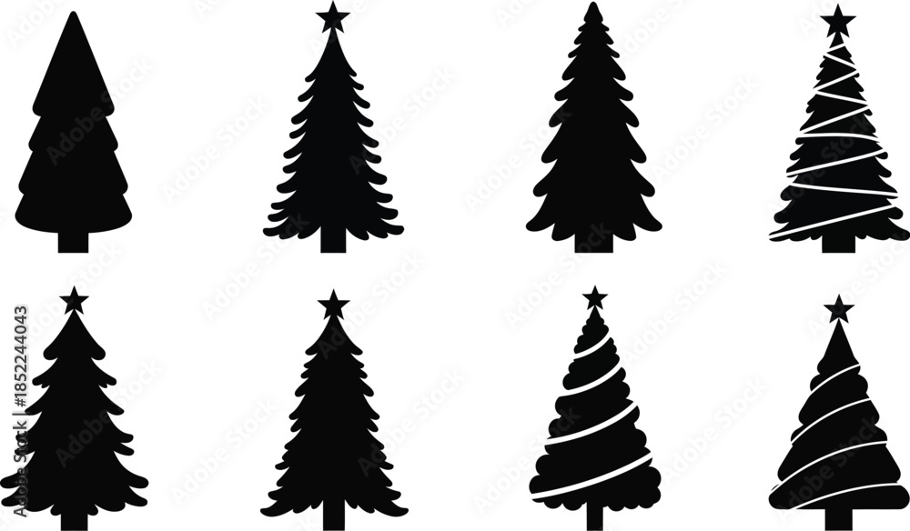 Obraz premium Variety of christmas tree shapes and sizes on transparent background silhouette