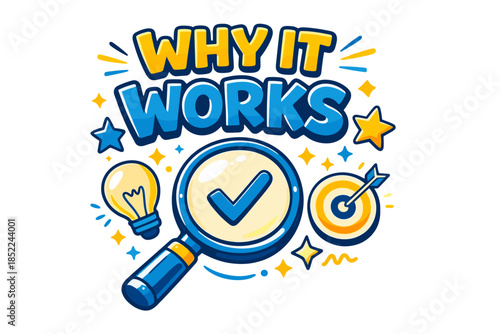 Why it works: magnifying glass, checkmark, lightbulb, target and stars