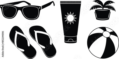Summer vacation essentials sunglasses sunscreen flip flops and beach ball on transparent background silhouette
