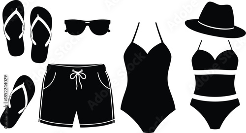 Summer vacation essentials arrangement beach accessories black silhouette on transparent background