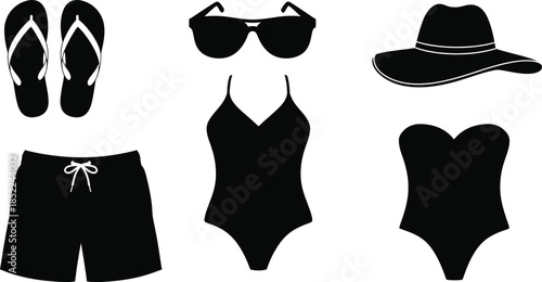 Summer vacation essentials collection with flip flops swimsuit and hat silhouette on transparent background