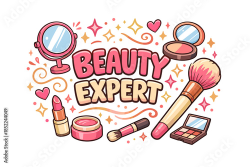 Beauty expert essentials: makeup tools and cosmetics with mirror and brush