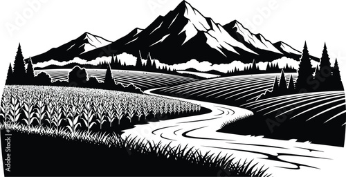 Dramatic mountain landscape with winding road trees and fields silhouette on transparent background