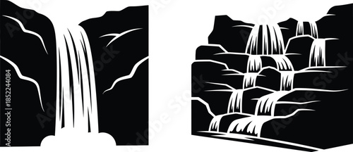 Dramatic waterfall landscapes in black and white ideal for designs on transparent background silhouette