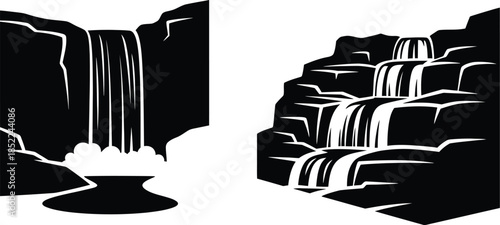 Two black waterfall silhouettes with rocky formations on transparent background