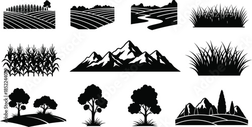 Variety of landscape silhouettes including trees fields and mountains on transparent background