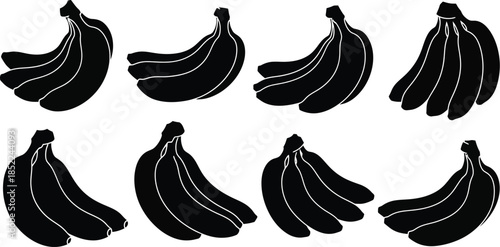A collection of black banana silhouettes on transparent background