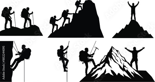 Mountain climbers ascending peaks diverse scenes a victorious silhouette on transparent background