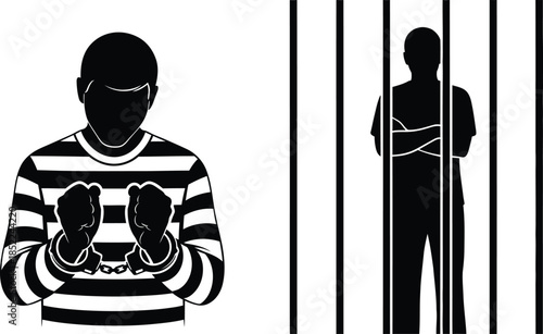 Two prisoners depicted in black and white one behind bars on transparent background silhouette