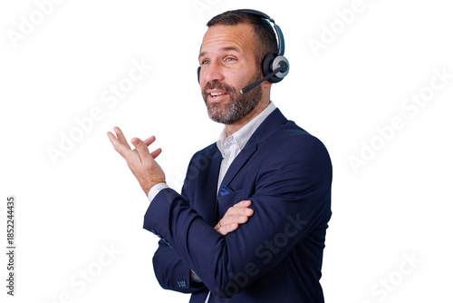 Tableau sur toile Confident man in headset providing customer support, explaining solution with ha