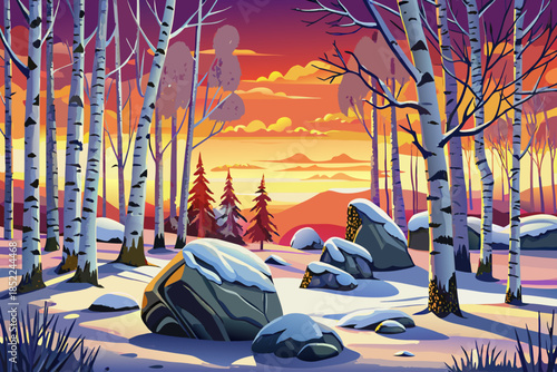 Slender birch trees covered in snow stand across a quiet winter meadow, creating a soft contrast of white bark and frozen ground within a calm seasonal landscape