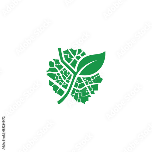 Green leaf map icon representing local food network and sustainable urbanism