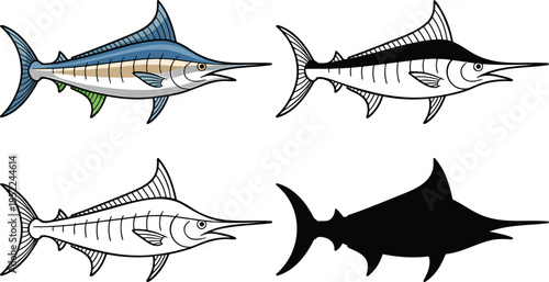 Blue marlin fish silhouette & Outline and illustration set isolated on transparent background
