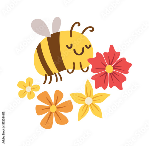 Honey bee flying over flowers