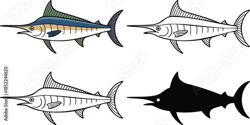 Blue marlin fish silhouette & Outline and illustration set isolated on transparent background