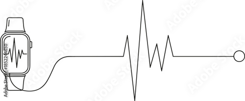Smartwatch with heart rate monitor and heartbeat line in minimalistic style on white background
