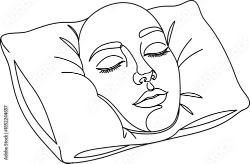 Minimal black line art illustration of a sleeping woman resting on a pillow with a crescent moon symbol. Concept of night sleep, relaxation, calmness, healthy rest, insomnia prevention, mental wellnes
