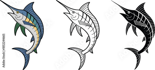 Blue marlin fish silhouette & Outline and illustration set isolated on transparent background