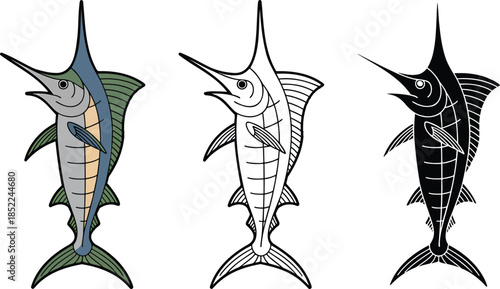 Blue marlin fish silhouette & Outline and illustration set isolated on transparent background