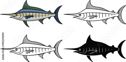 Blue marlin fish silhouette & Outline and illustration set isolated on transparent background