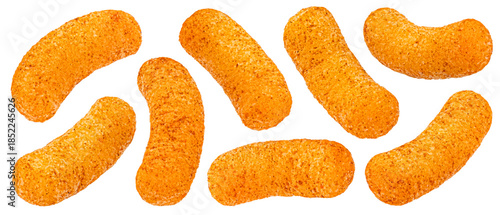 Crispy corn sticks, crunchy texture with salted coating isolated on white background, full depth of field