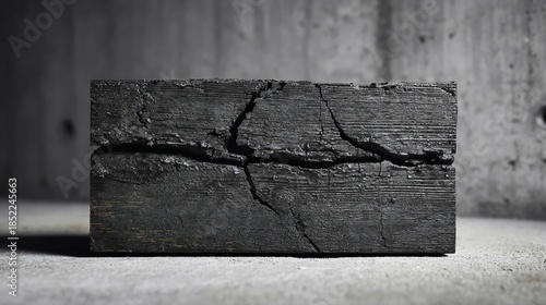Heavily charred and cracked piece of dark wood plank resting on a textured concrete surface