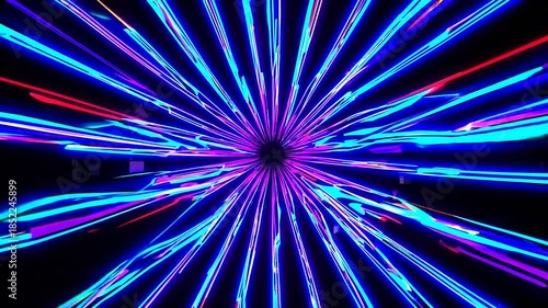 Dynamic neon corridor vj loop simulating hyperspace travel through glowing blue and purple data tunnels, evoking futuristic technology, warp speed, digital network and cosmic motion