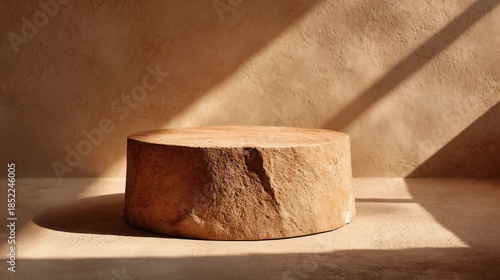 Rough terracotta cylinder pedestal resting on a textured floor with dramatic diagonal sunlight shadows