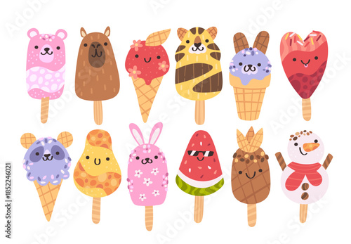 Cute ice-cream adorable animated characters with cheerful, smiling faces isolated set on white