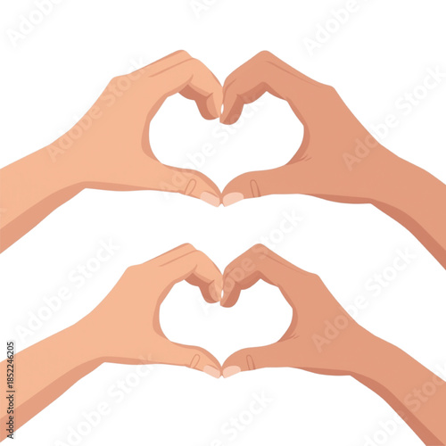 Hands forming heart shapes with fingers on white background