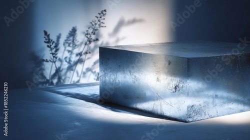 Metallic gray block pedestal casting strong shadows against a muted blue background with faint plant outlines