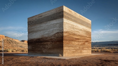 Layered rammed earth cube structure stands against clear blue sky in arid desert landscape