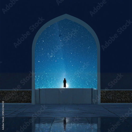 Person standing in archway looking at starry night sky