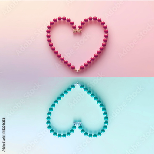 Colorful heart shaped beaded bracelets on pastel background