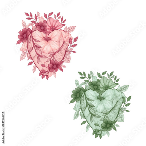 Heart shaped floral designs in pink and green hues for Valentine's Day