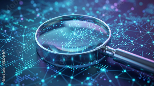 Magnifying glass analyzing abstract data dots in blue tones