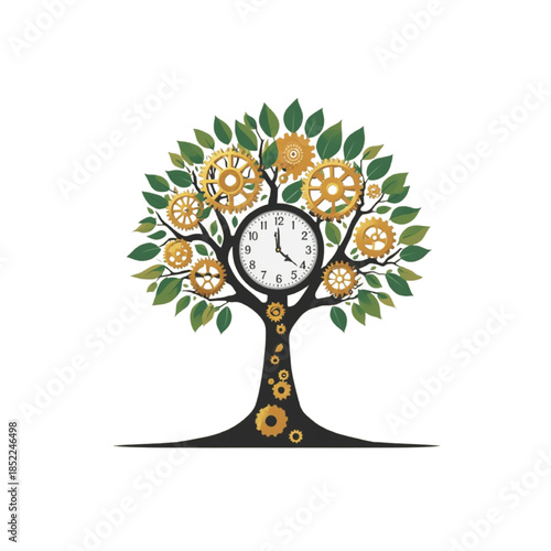 Clock tree with gear leaves on white background