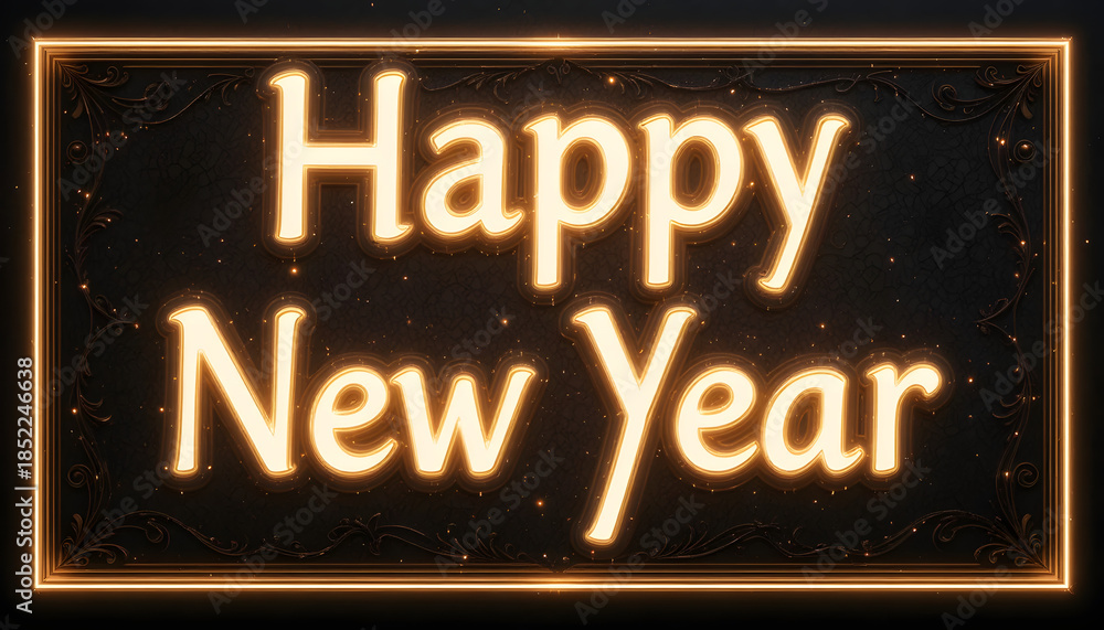 Fototapeta premium Golden Happy New Year text on black background with decorative border