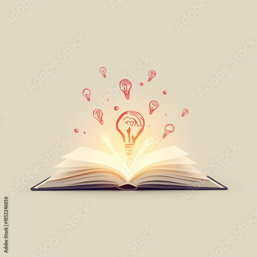 Inspiration and innovation coming out of an open book with glowing light bulbs
