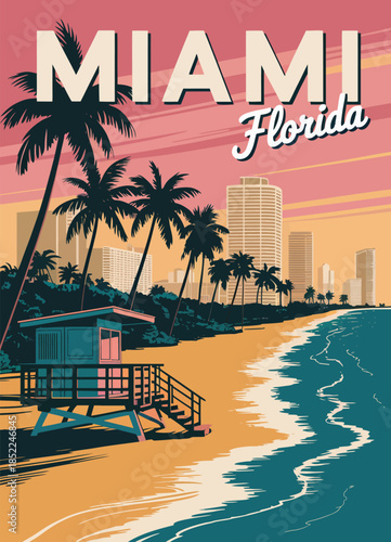 Miami Florida Beach Scene with Lifeguard Tower and Palm Trees