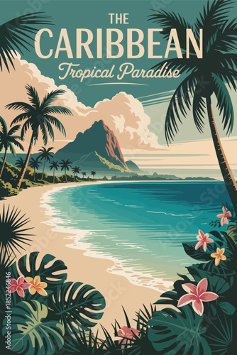 Vintage Style Illustration of a Scenic Tropical Beach Getaway with Palm Trees and Mountain Views