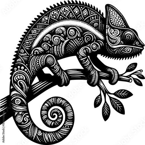 Chameleon Ornament: An intricately adorned chameleon perched delicately on a branch with detailed decorative designs, a fusion of artistry and natural observation.