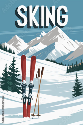 Vibrant retro style illustration of winter skiing fun in a majestic mountain landscape