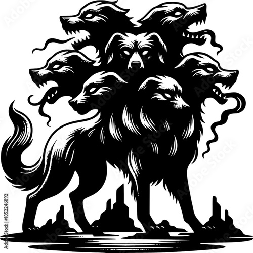 Cerberus: A captivating depiction of the mythological guardian of the underworld, with a formidable presence and a multi-headed silhouette.