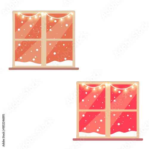 Cozy winter nights through warmly lit windows with snow falling outside