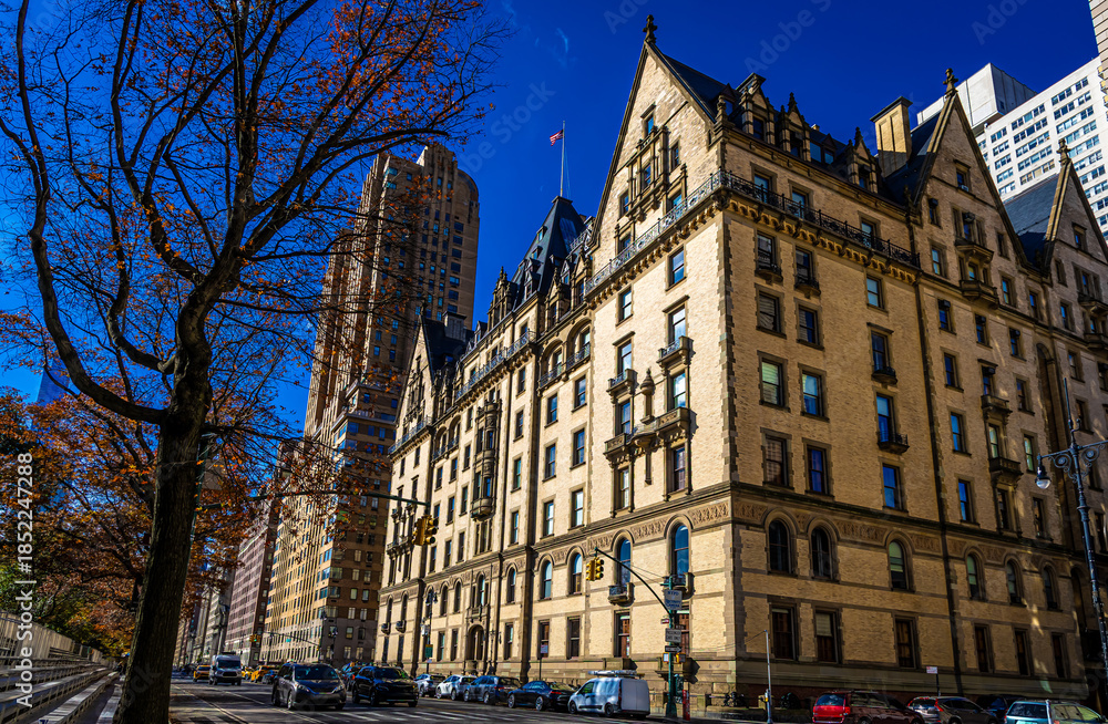 Naklejka premium Historic Dakota Building at night on Upper West Side, New York City NYC