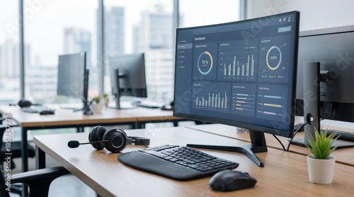 Headset on modern desk for customer support concept